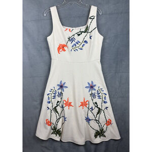 MOTF Fit & Flare Sleeveless Midi Dress Size Large Ivory Embroidered Flowers